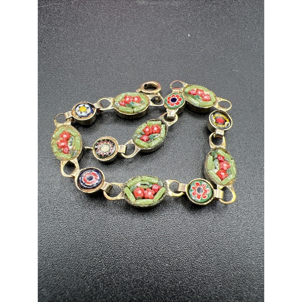 Micro Mosaic Gold Tone Link Bracelet 7" bracelet Floral Stars